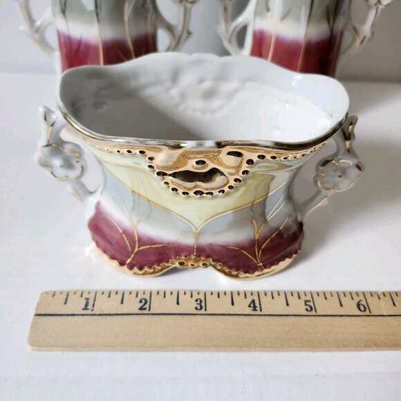 Antique German Art Nouveau Vase Set Hand Painted Floral‎ Gold Trim 1890s - 1930s - Picture 15 of 16